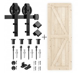 Sliding Barn Solid Wood Door Pre-Drilled Assemble  DIY Unfinished Solid Tsuga Wood Slab  hardware kit with black wheels hanger included 