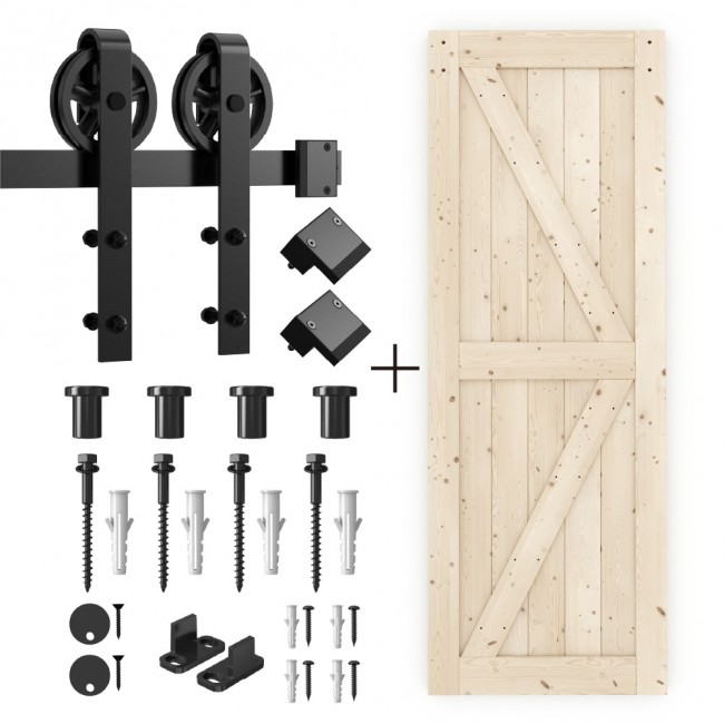 Sliding Barn Solid Wood Door Pre-Drilled Assemble  DIY Unfinished Solid Tsuga Wood Slab  hardware kit with black wheels hanger included