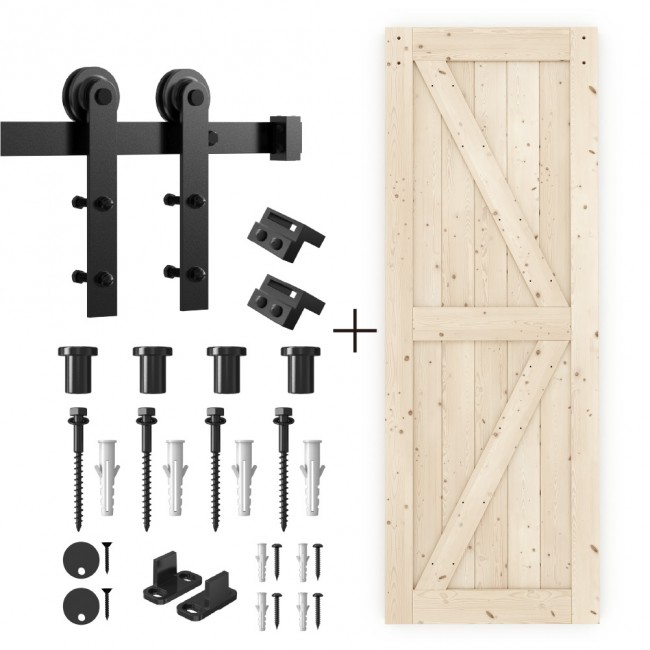 Barn Wood Door Slab with Hardware Kit & Handle Pre-drilled DIY Brown Unfinished 